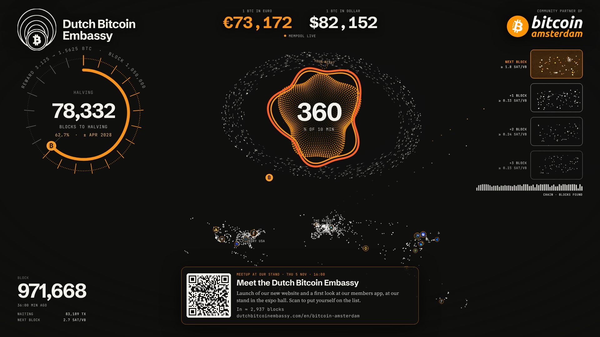 Embassy Live, Bitcoin Amsterdam edition: the live mempool with the Dutch Bitcoin Embassy and Bitcoin Amsterdam logos